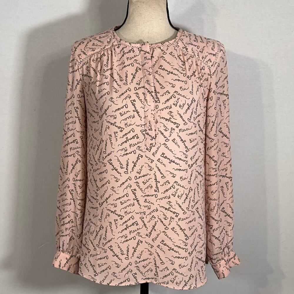 Banana Republic Factory Pink Long Sleeve French Words Blouse Women's Size Small